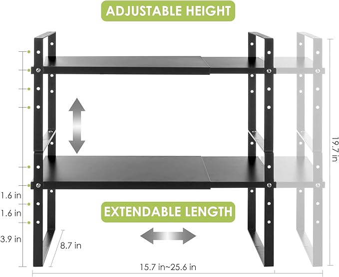 Across-Star Expandable Cabinet Shelf Organizer Rack, Stackable Kitchen Countertop Organizer Storage Shelves, Adjustable Height Pantry Counter Shelf Riser Spice Rack (Black, 2 Pack)