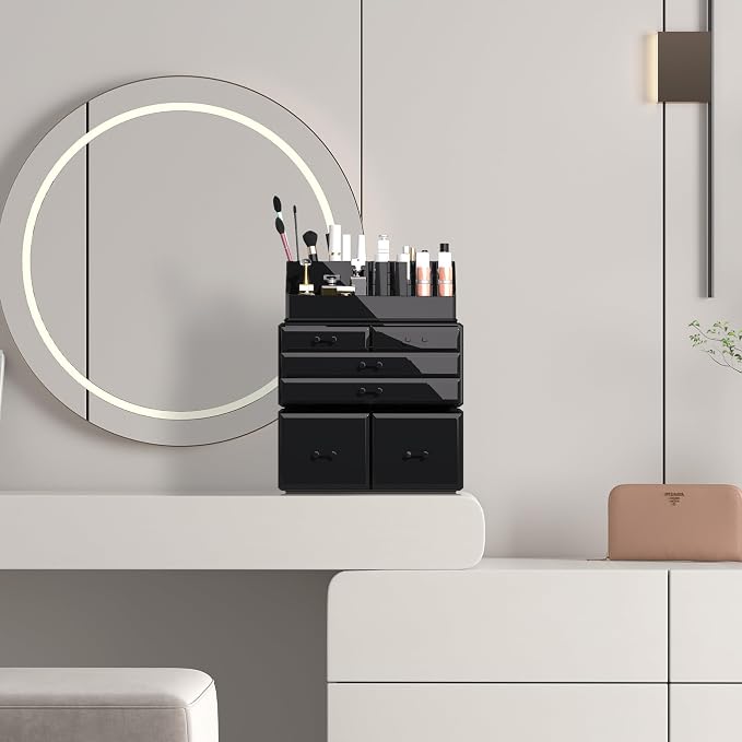 READAEER Makeup Organizer 3 Pieces Cosmetic Storage Case with 6 Drawers (Black)
