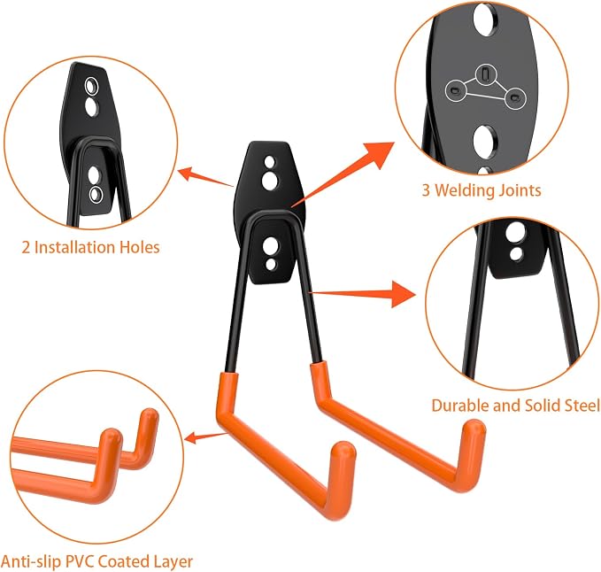 ENUODA Large Garage Hooks Heavy Duty - Ladder Hanger Garage Wall Storage Hooks for Hanging Garden Tools, Power Tools, Bike, Extension Cord, Hose, Chair, Bulk Items, 6 Pack (5.1 Inch)