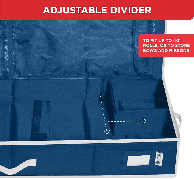 HOLDN’ STORAGE Premium Wrapping Paper Storage Container, Blue | Durable 600D Tear-Proof, Fits 27 Rolls Gift Wrap, Extra Pockets for Ribbons & Bows, Underbed Storage