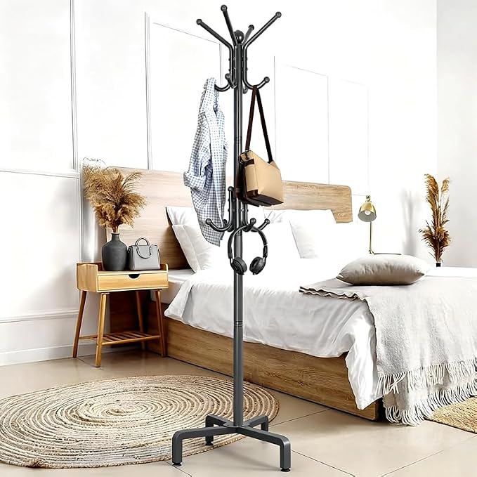 12 Hooks Freestanding Coat Rack Stand, Heavy Duty Metal Coat Tree with Stable Base, 67.7" Tall Black Coat Hanger for Entryway Hallway Bedroom Office, Holds Coats Hats Bags Without Wobbling