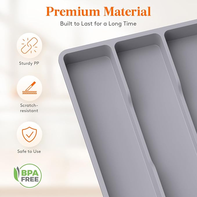 Lifewit Utensil Organizer for Kitchen Drawer, Expandable Cooking Silverware Tray, Adjustable Cutlery Flatware Holder, Plastic Spatula Tools Storage Divider, 17.3 x 15.8", Gray