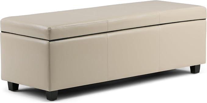 SIMPLIHOME Avalon Storage Ottoman Bench - 48" Wide x 16" High Upholstered Vegan Leather Rectangular Lift-Top Ottoman in Satin Cream, Contemporary Storage Bench for Living Room with High-Density Foam