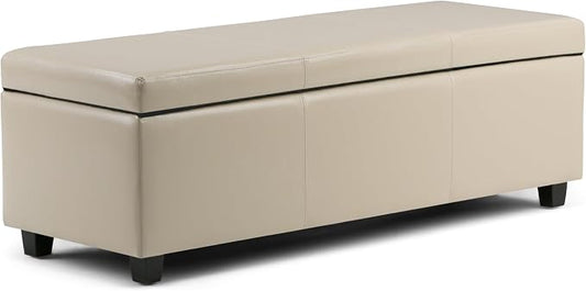 SIMPLIHOME Avalon Storage Ottoman Bench - 48" Wide x 16" High Upholstered Vegan Leather Rectangular Lift-Top Ottoman in Satin Cream, Contemporary Storage Bench for Living Room with High-Density Foam