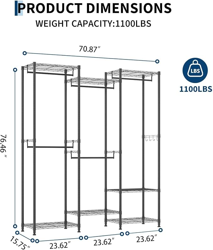 Heavy Duty Garment Rack 1100lb Load Closet Wardrobe with Cover Clothes Rack for Hanging Clothes with Adjustable 7 Shelves & 5 Hanging Rods 76" H X 73" L X 17" W Black