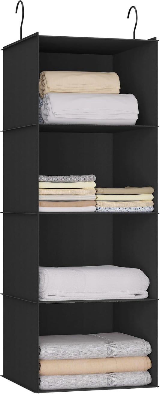 Hanging Closet Organizer 4-Shelf, Oxford Fabric Wardrobe Storage, Black | Easy-mount foldable design holds clothes, handbags, shoes & accessories; washable Oxford fabric, sturdy and space-saving.