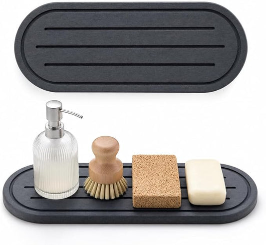 2PCS Water Absorbing Stone Drying Tray Mat for Bathroom Sink & Kitchen Counter Faucet Organizer Decor, Quick Dry Dish Soap Dispenser Sponge Holder, Vanity Caddy Coaster,Dark Gray -10"*3.8"