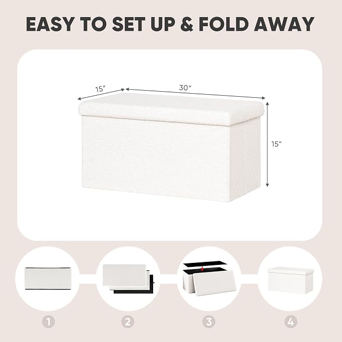 PINPLUS Folding Storage Ottoman Bench, Sherpa Ottoman with Storage, Large Long Shoes Bench Chest with Lid, Footrest for Living Room, Entryway, White 30'' x 15'' x 15''