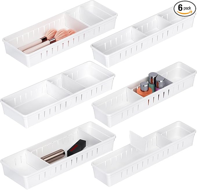 6 PCS Desk Drawer Organizer, Bathroom Drawer Organizer Trays | 12 pcs Dividers Adjustable, 24 Non-Slip Feet, Makeup Organizer Bins for Vanity Clothes Junk Kitchen Utensil, Plastic, White