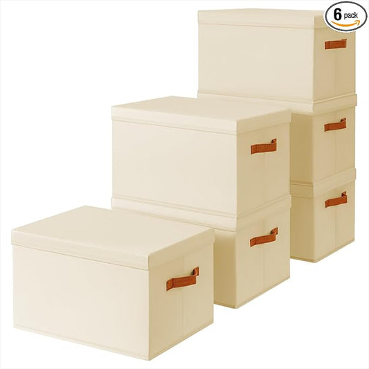 Homsorout Storage Bins with Lids - Large Fabric Closet Bins with Lid, 6 Pack Clothes Organizers and Storage, Collapsible Stackable Cube Basket for Home, Office, Dorm, Beige