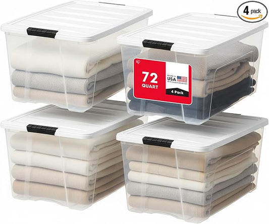 IRIS USA 72 Qt Storage Bins with Lids, 4 Pack, BPA-Free, Clear/White | Great for storing clothing, blankets, moving supplies, garage gear, and seasonal household items.