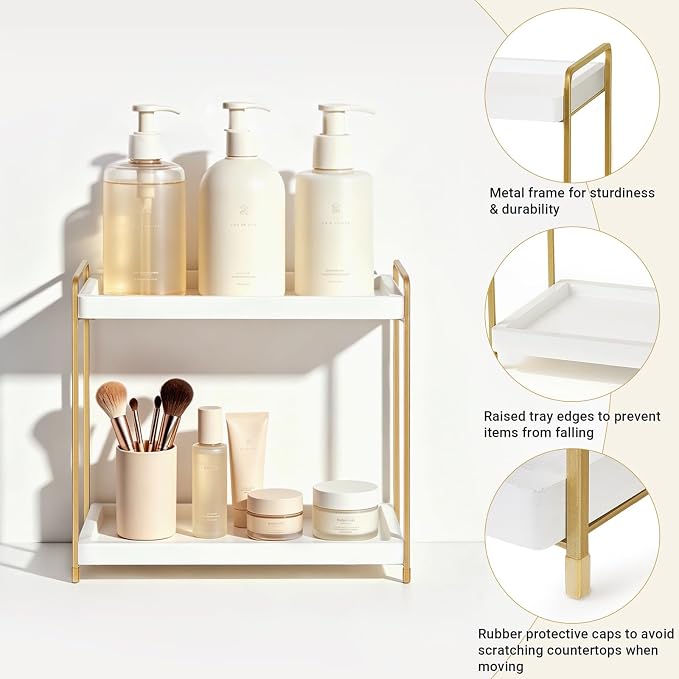 Mkono Bathroom Counter Organizer, 2 Tier Countertop Bathroom Decor Wood Storage Sink Shelf for Vanity Kitchen Coffee Station Home Office, Makeup Tray for Cosmetic Skincare Perfume, Gold and White