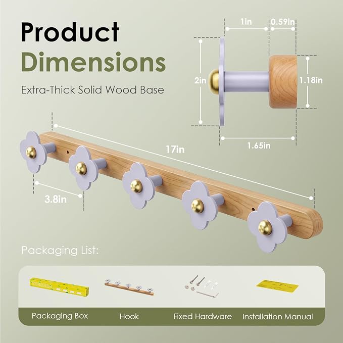 Tindbea Upgreded Heavy Duty Coat Rack Wall Mount for Entryway, Kids' Room | Cheery Wood, Purple, 5 Hooks