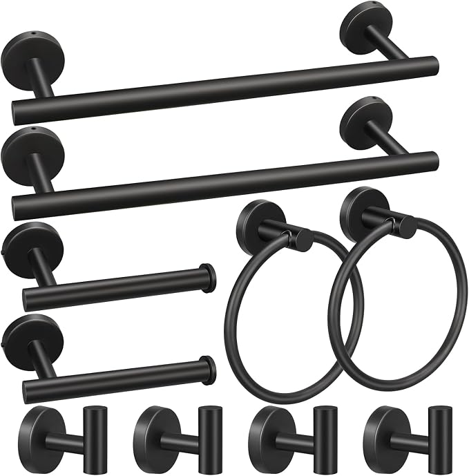 10pcs Matte Black Bathroom Hardware Set | Including 16" Hand Towel Bars, Toilet Paper Holders, Towel Rings, Towel Hooks