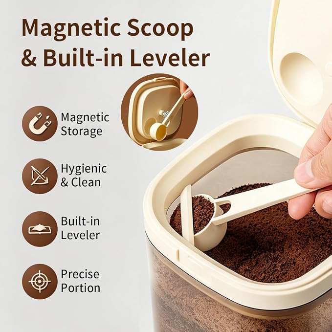 Airtight Food Storage Container with Magnetic Scoop & Built-in Leveler, 1200ML Coffee Storage Container with Date Tracker, BPA Free UV Blocking Food Container for Coffee Beans, Ground Coffee, Tea