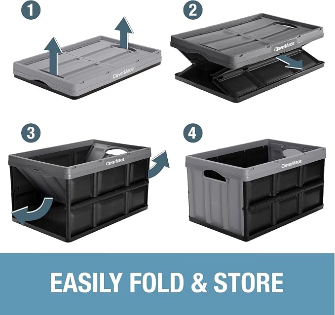 CleverMade Collapsible Storage Bins, 62L, 3 Pack, Ocean | Extra-large bins support 100 lb for groceries, tools, and gear. They stack securely and fold to 2.75 inches for storage.