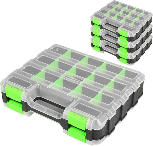 Jack Boss Tool Box with Transparent Lid, Double Side 34-Compartments Organizer Box with Removable Dividers for Hardware, Screws, Bolts, Nails, Beads, Jewelry and Fishing Accessories, Green, 4 Pack