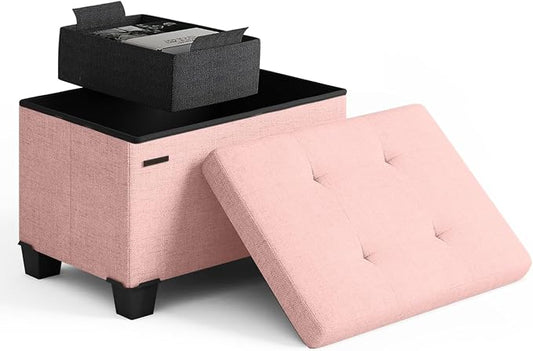 Storage Ottoman Cube with Small Bin, 16-in Square Ottoman with Storage for Living Room and Bedroom, Small Ottomans Foot Rest, Fabric Foot Stools Ottomans Max 330lbs, Pink