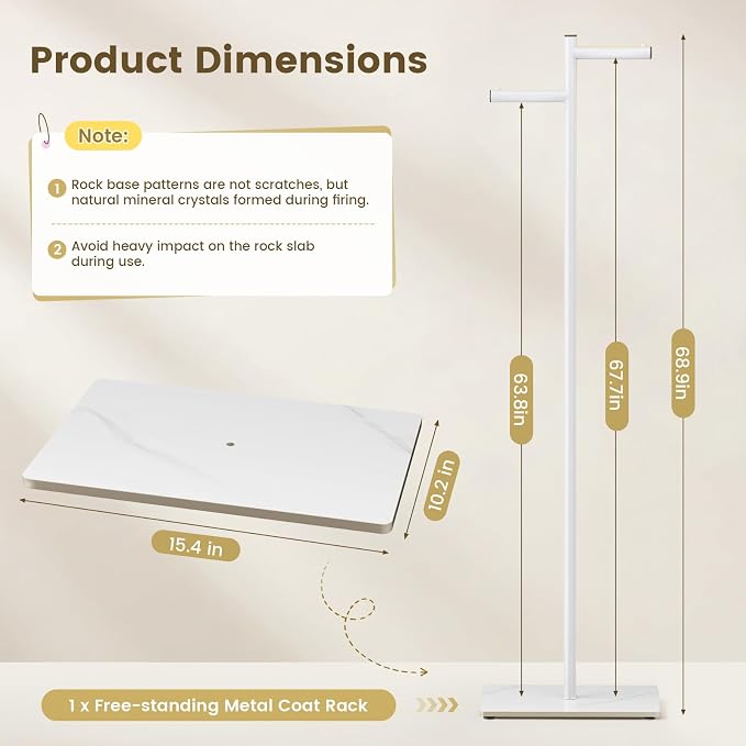Metal Freestanding Coat Rack, 68.9"H Z-Shaped Coat Tree with Natural Rock Base, Modern Clothes Hanger Stand for Coats, Hats, Bags & Scarves, Ideal for Entryway, Bedroom, Office & Living Room