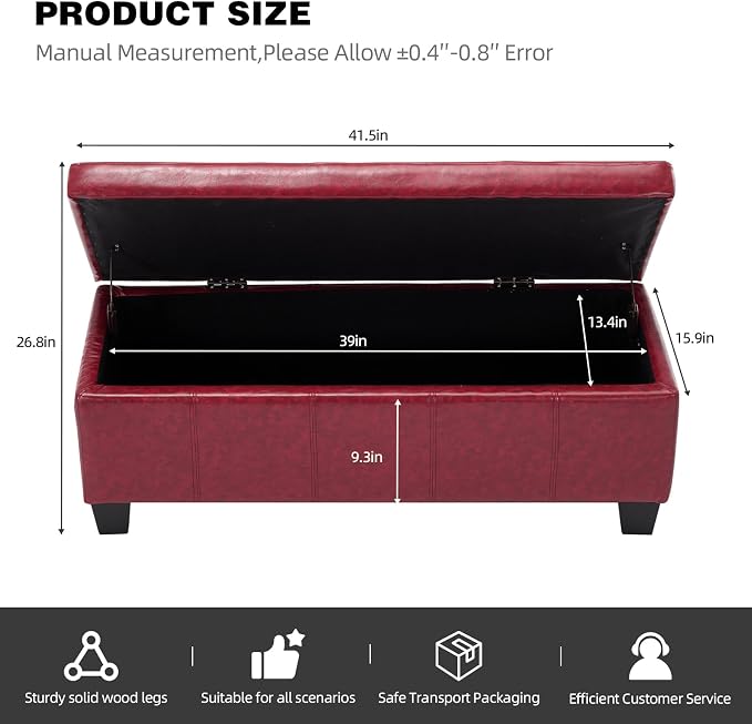 41.5 Inch Burgundy Red Faux Leather Storage Ottoman Bench Accent Furniture | 2.8 cu ft hidden storage,660 lbs weight capacity,solid wood legs,decorative piece for living room bedroom