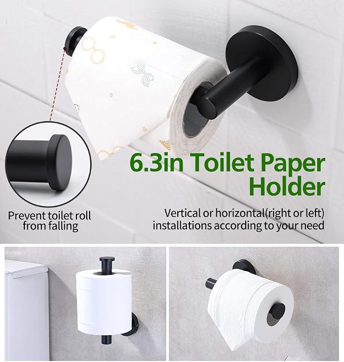 5pcs Bathroom Hardware Set, Matte Black Bathroom Hardware Set, Including 16" Hand Towel Bars, Toilet Paper Holders, Towel Rings, Robe Towel Hooks | Including 16" Hand Towel Bars, Toilet Paper Holders, Towel Rings, Robe Towel Hooks