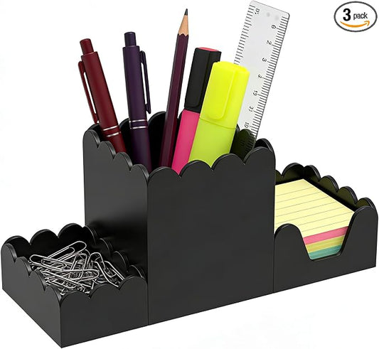 Acrylic Desk Organizer Set of 3, Magnetic Modular Pen Holder with Sticky Note & Paperclip Tray,Black Aesthetic Desk Accessories for Home Office, Desk Decor for Women Men, Small Space Office Supplies