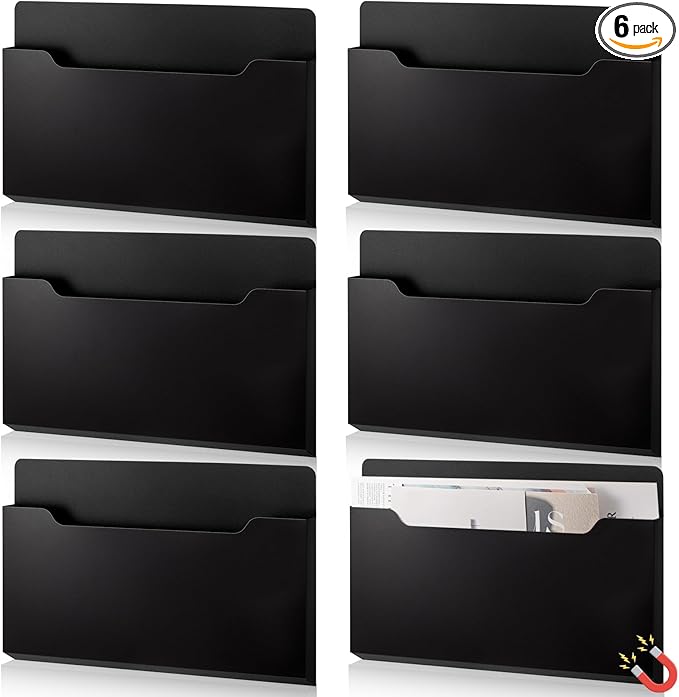 6 Pcs Magnetic Wall File Organizer Magnetic Wall File Holder Refrigerator Magazine Holder for Mail Letters Paper(Black,Horizontal-large)