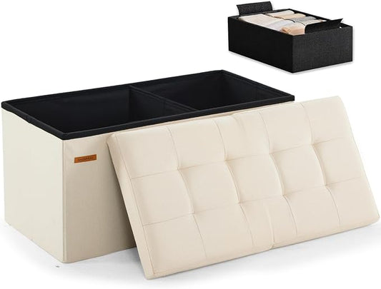 HAUSFRAU Ottoman with Storage Bench Folding Foot Rest Stool Linen Beige | 31.5", Flip Lid, Small Upholstered Foldable Footrest Footstool, Bedroom Bench, Living Room Dorm Ottoman, Rectangle