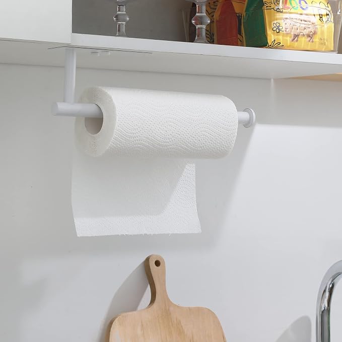 theaoo Under Cabinet Paper Towel Holder for Kitchen, Self-Adhesive, White | Wall Mounted Paper Towel Roll Rack for Bathroom or Kitchen, SUS304 Stainless Steel, Install with Adhesive or Screws