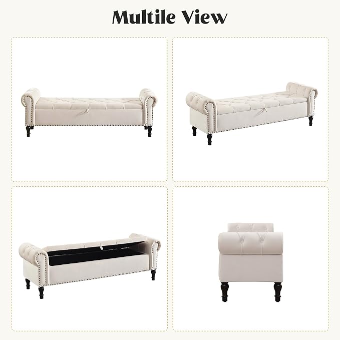 Storage Bed Bench for Bedroom, Velvet 67" End of Bed Benches, King Size Bench with Armrest, Tufted Button Upholstered Ottoman Bench for Living Room, Entryway, Cream White