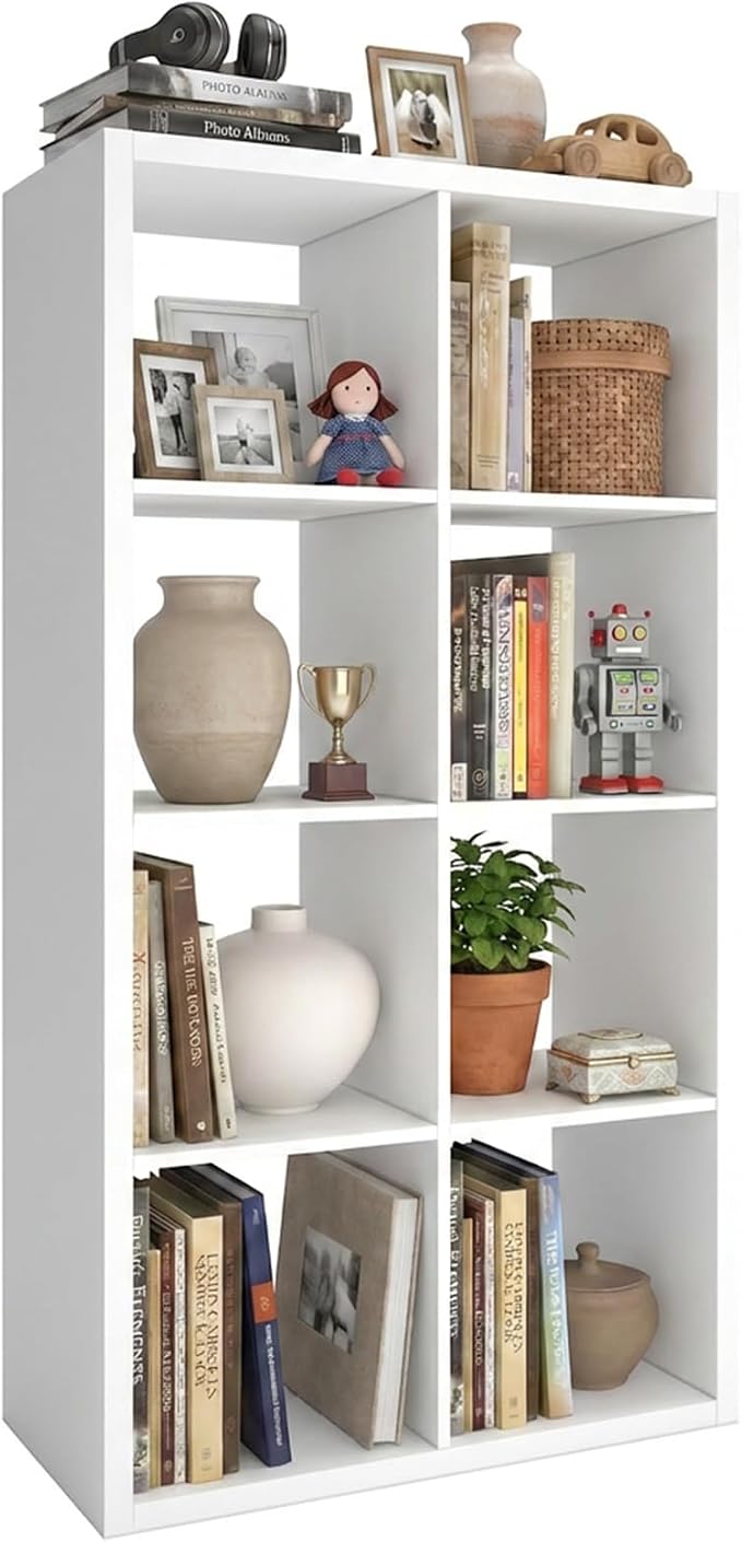 WannabeMyself【2026 Wooden Thick Frame】 8 Cube Storage Organizer with Anti-Tipping Kits, Reversible Open Back Book Shelf,Bookcase for Living Room,Bedroom,Entrance Hall,Office,11.6×48×24.6,White
