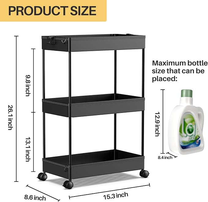 SPACEKEEPER 3 Tier Rolling Cart, Bathroom Cart Organizer with Wheels, Black | Mobile Storage Cart for Laundry Room Organization,Kitchen,Office,Bathroom, Utility Cart for Snack,Craft,Art,Makeup,Nail,Toys