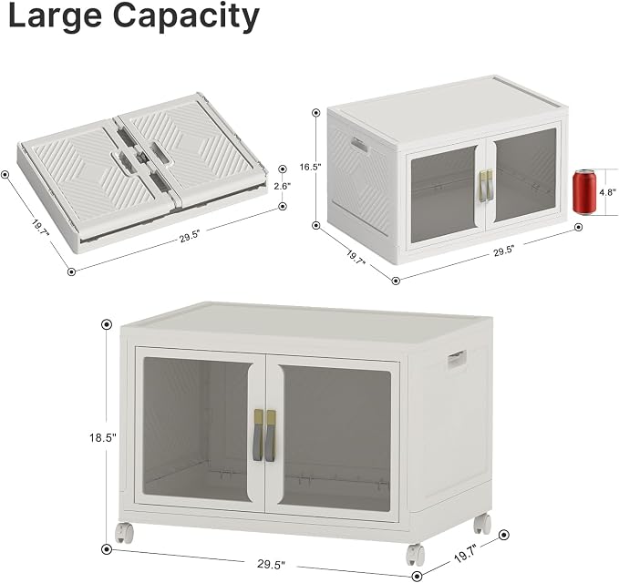 Stackable Storage Bins with Lids, 180QT Extra Large Storage Cabinet | Clear Doors, Foldable Storage Drawers, Heavy Duty, Collapsible Closet Organizers for Bedroom Office (1, White, 180, Quarts)