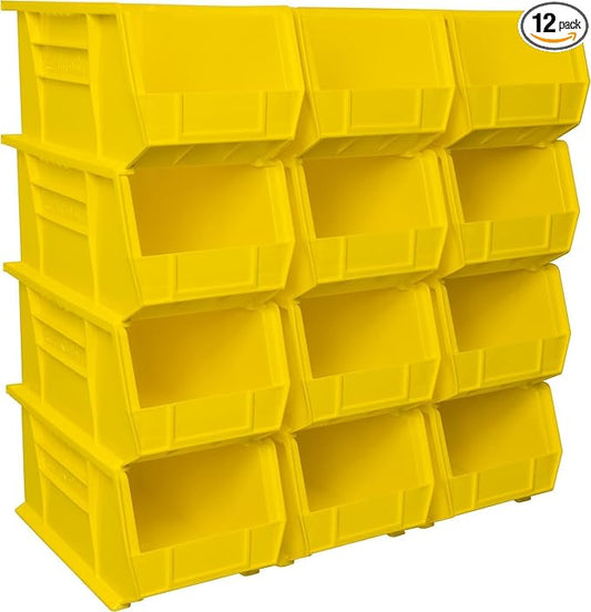 Akro-Mils 30240 AkroBins Plastic Storage Bins, 15"x8"x7", Yellow, 12-Pack | Space-Saving Stackable Bins for Garage, Pantry, Craft Organization