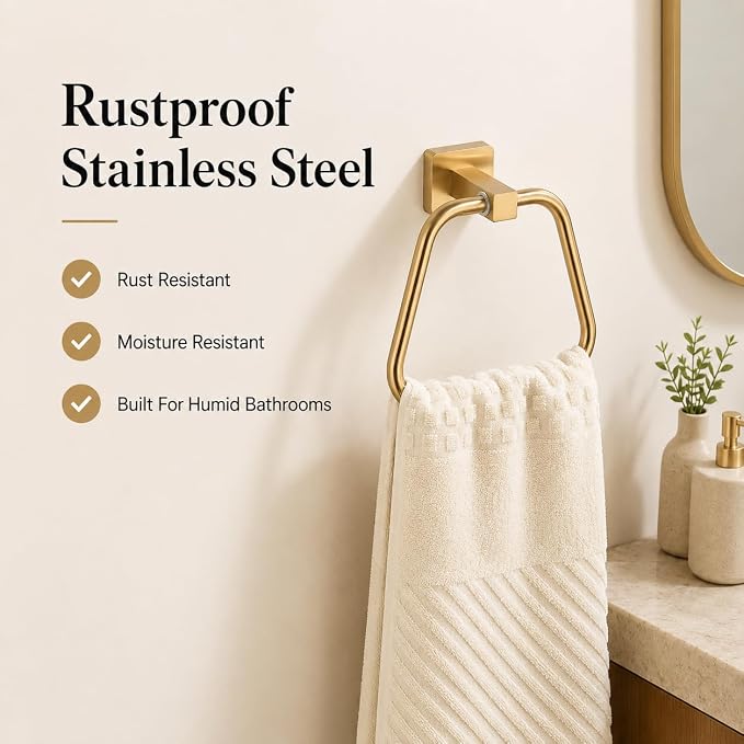Brushed Light Gold Towel Ring for Bathroom 2 Pack, Kitchen Bath Towel Holder Hangers Wall Mount Heavy Duty Stainless Steel