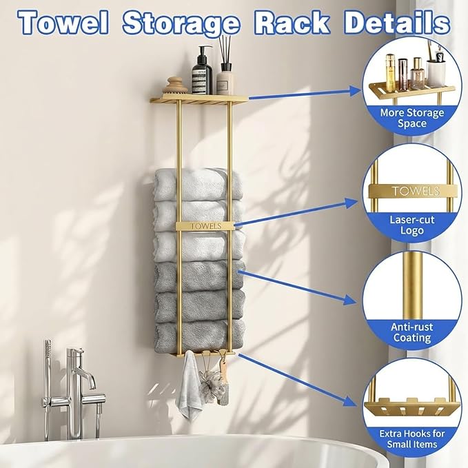 2-Tier Wall-Mounted Towel Rack with Hooks & Shelf, Black Metal Towel Holder for Small Bathrooms (Gold)