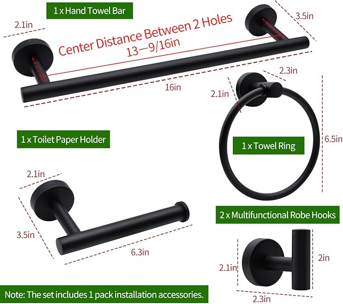 5pcs Bathroom Hardware Set, Matte Black Bathroom Hardware Set, Including 16" Hand Towel Bars, Toilet Paper Holders, Towel Rings, Robe Towel Hooks | Including 16" Hand Towel Bars, Toilet Paper Holders, Towel Rings, Robe Towel Hooks