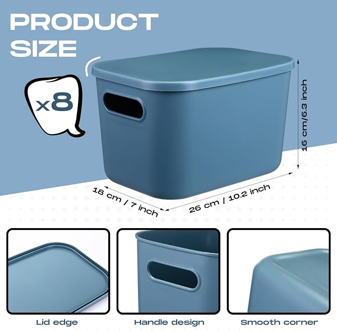 8 Pieces Colorful Storage Bins with Lid, Plastic Storage Basket Organizing Container Stackable Box with Handle for Shelves Desktop Playroom Office(10.2 x 7 x 6.3 Inch,Blue)