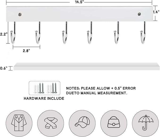 2-Pack Coat Rack Wall Mount, 14.6" Wooden Wall Hanger, 12 Rotating Hooks | Wooden coat rack, for coats, purses, hats, jackets, towels, space-saving entryway, hall, apartment organizer, white