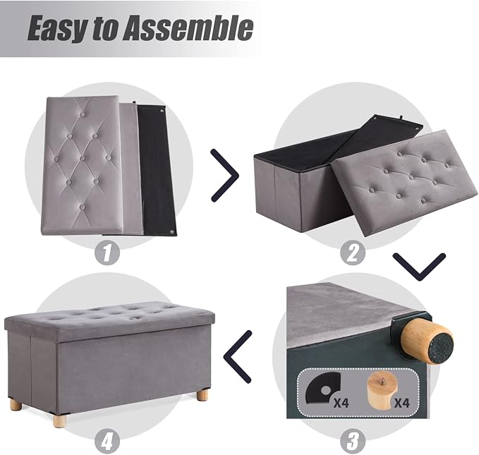 BRIAN & DANY 30 Inches Folding Storage Ottoman Bench, Ottoman with Storage for Living Room, with Wooden Feet and Lid, Grey