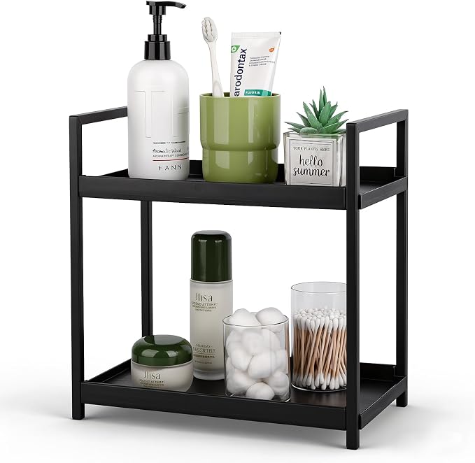 Bathroom Counter Organizer Vanity Storage Countertop Shelf, Small Black | 2 Tier Makeup Organizer Perfume Tray Skincare Holder for Sink, Dresser, Kitchen