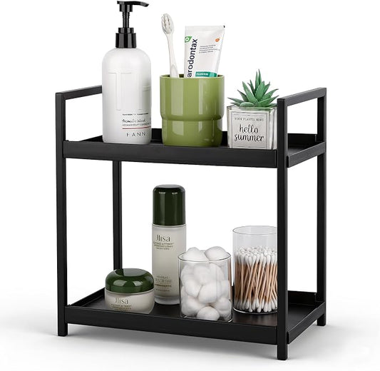 Bathroom Counter Organizer Vanity Storage Countertop Shelf, Small Black | 2 Tier Makeup Organizer Perfume Tray Skincare Holder for Sink, Dresser, Kitchen