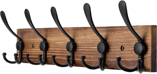 Kuhome Coat Rack Wall Mount Wooden Hat Rack for Wall Hooks Pine Real Wood Plank 16.9" Brown Coat Hanger with 5 Triple Hooks for Hanging Coat Hat Jacket
