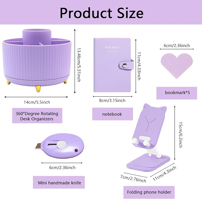 Office Supplies,Purple Desk Accessories,Desk Organizer,Stapler,Tape Dispenser,Folding Phone Stand,Scissors,Notebook,Staple Remover,Staples,Clear Tape,Sticky Notes,Clips,Cool Pen,Bookmark,Ect.22pcs
