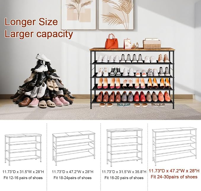 INGIORDAR 4 Tier Long Shoe Rack Storage Organizer Shelf for Closet Entryway | Spacious design,Large-Capacity stores 24 Pairs of Shoes for Closet,Entryway,Bedroom,Living Room,Garage,Black+Rustic Brown