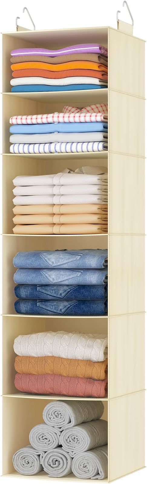 Lifewit 6 Tier Hanging Portable Closet Storage Organizer for Shelves, Gray | Foldable Clothes Shelf with 2 Sturdy Hooks, Sweater/Coat/Shoes Clothing Organization for Wardrobe, Dorm, Bedroom