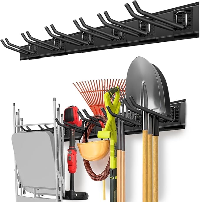 PIYILO Garage Organization, Garage Wall Organizer with 48 inches Rails and 6 Hooks, Tool Organizers Heavy Duty, Shovel Holder Wall Mount Max Load 360 LBS, Sturdy Garden Tool Rack for Folding Chairs | Heavy-duty Alloy Steel, 360 LBS Load, Wear & Tear Re...