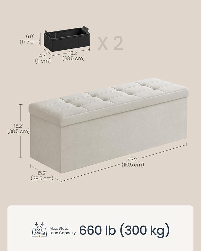 SONGMICS HOME Ottoman with Storage, Removable Lid, Folding Storage Chest, Easy Assembly, for Entryway, Bedroom, Living Room, 15.2 x 43.2 x 15.2 Inches, Velvet, White
