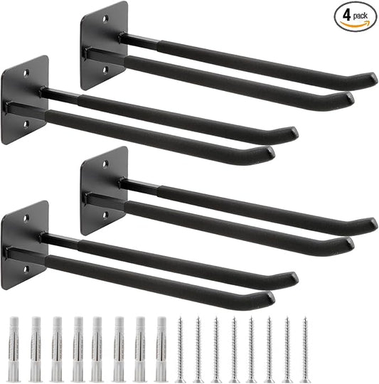 Sinoer 4 Pack Steel Wall Mount Double Garage Storage Hooks | 14 inch heavy steel double wall hooks store ladders, chairs, ropes, tires & strollers as garage tool organizer