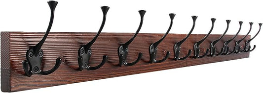 IBosins Brown Wood Wall Mounted Coat Rack, 34" Long with 10 Black Tri-Hooks | Burnt Finish Heavy Duty Wood Coat Hanger, Rustic Coat Hooks Rail for Entryway, Living Room, Coat, Scarf, Bag, Towel, Hat
